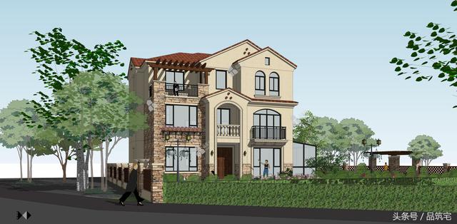 12X10三層西班牙風(fēng)格別墅圖，戶型方正、緊湊實用，有露臺有陽光房有院子，一家共享天倫~