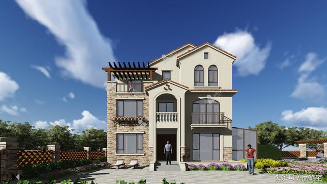 12X10三層西班牙風(fēng)格別墅圖，戶型方正、緊湊實用，有露臺有陽光房有院子，一家共享天倫~