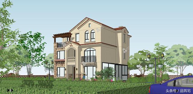 12X10三層西班牙風(fēng)格別墅圖，戶型方正、緊湊實用，有露臺有陽光房有院子，一家共享天倫~