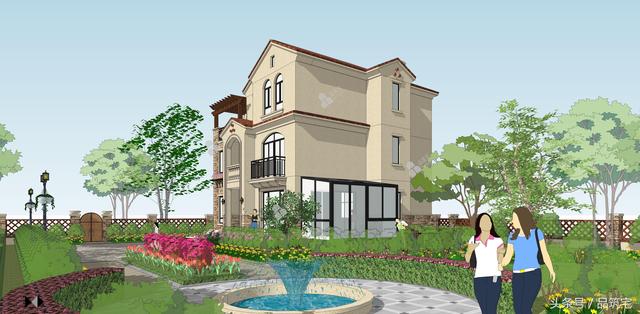 12X10三層西班牙風(fēng)格別墅圖，戶型方正、緊湊實用，有露臺有陽光房有院子，一家共享天倫~