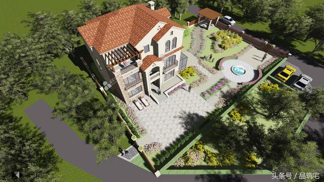 12X10三層西班牙風(fēng)格別墅圖，戶型方正、緊湊實用，有露臺有陽光房有院子，一家共享天倫~