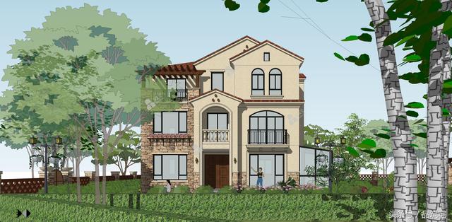 12X10三層西班牙風(fēng)格別墅圖，戶型方正、緊湊實用，有露臺有陽光房有院子，一家共享天倫~