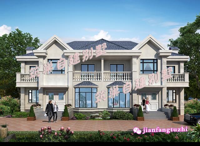 二層農(nóng)村兄弟雙拼房別墅設(shè)計圖效果圖，總面積450平方米22x11米，對稱設(shè)計彰顯房屋的氣勢