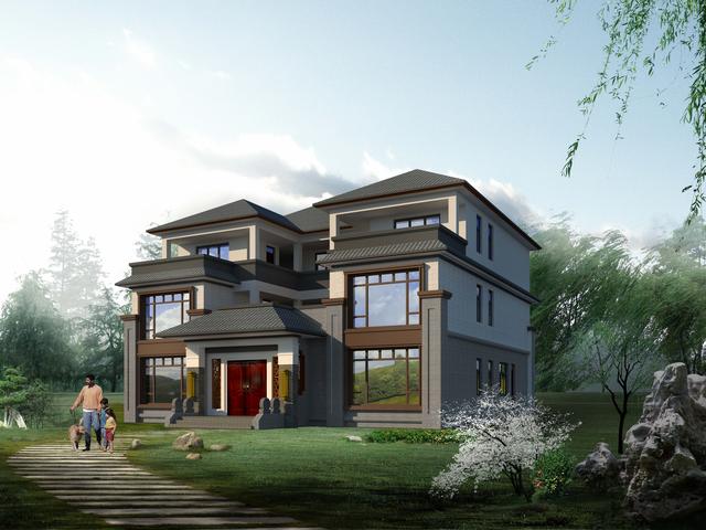 三層新中式別墅合院設計圖，階梯式外觀時尚大氣，內部功能房齊全