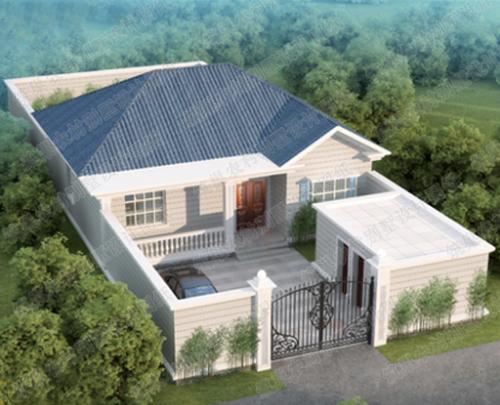 20萬一層帶庭院和副樓12×20米2廳3臥農(nóng)村別墅全套設(shè)計(jì)施工圖，采用坡屋頂，雅觀精致