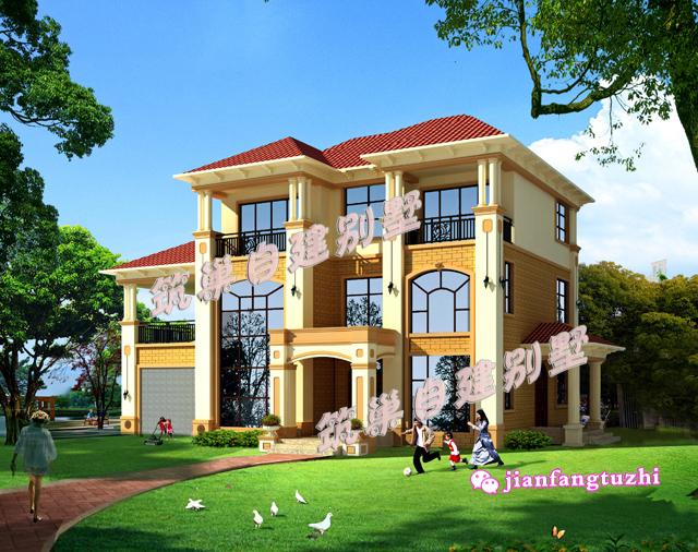 三層豪華農(nóng)村別墅全套設(shè)計(jì)圖，帶雙車(chē)庫(kù)，18x13米。