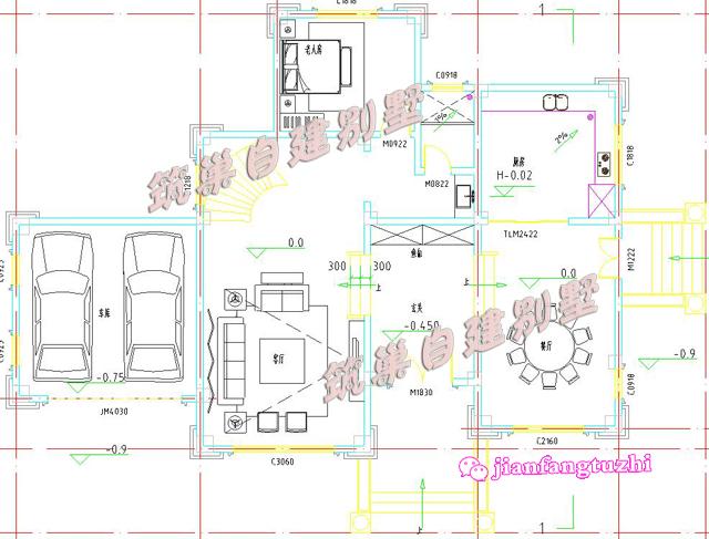 三層豪華農(nóng)村別墅全套設(shè)計(jì)圖，帶雙車(chē)庫(kù)，18x13米。