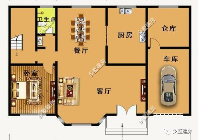 外觀簡單明了，帶挑空客廳、大露臺和車庫的農村自建別墅設計圖，你想要的樣子它都有