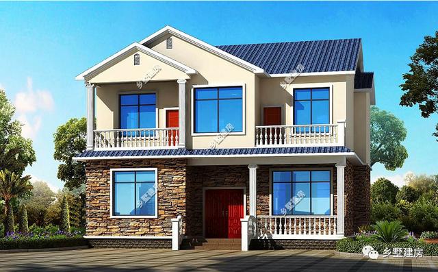 外觀簡單明了，帶挑空客廳、大露臺和車庫的農村自建別墅設計圖，你想要的樣子它都有