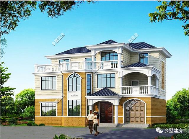 外觀簡單明了，帶挑空客廳、大露臺和車庫的農村自建別墅設計圖，你想要的樣子它都有