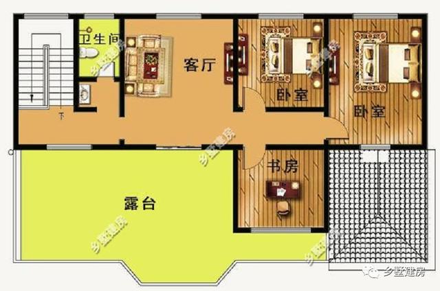 外觀簡單明了，帶挑空客廳、大露臺和車庫的農村自建別墅設計圖，你想要的樣子它都有