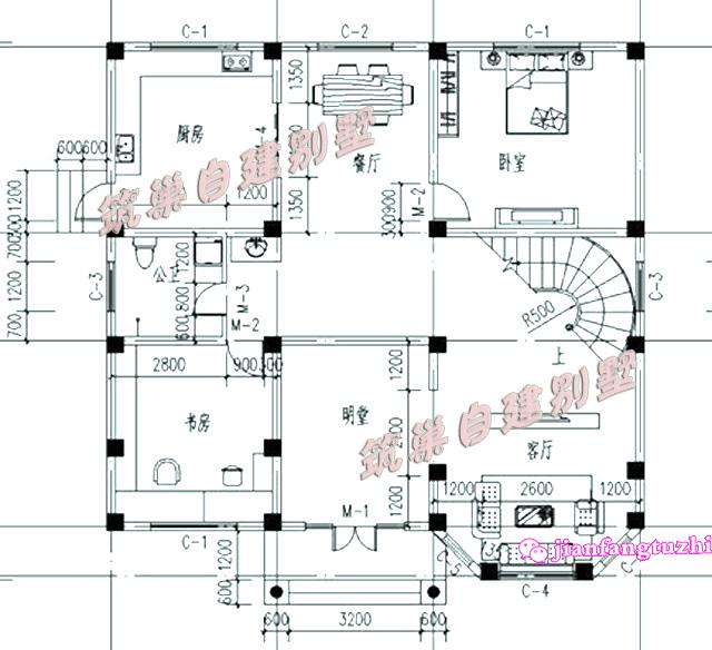 50萬(wàn)170㎡13x13米新農(nóng)村樓中樓三層別墅設(shè)計(jì)施工圖紙及效果圖，戶型實(shí)用，色彩明亮
