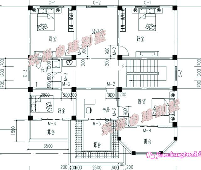 50萬(wàn)170㎡13x13米新農(nóng)村樓中樓三層別墅設(shè)計(jì)施工圖紙及效果圖，戶型實(shí)用，色彩明亮