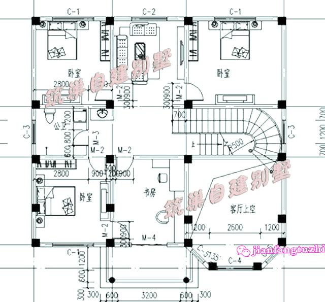 50萬(wàn)170㎡13x13米新農(nóng)村樓中樓三層別墅設(shè)計(jì)施工圖紙及效果圖，戶型實(shí)用，色彩明亮