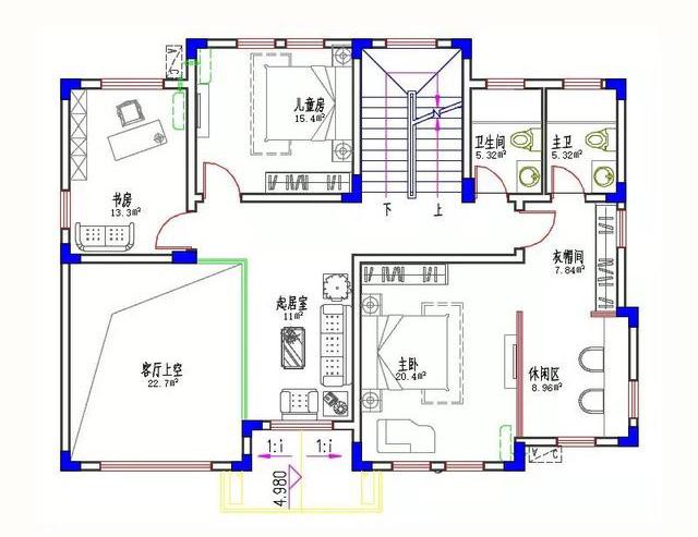 14×11米3廳5臥歐式田園三層農(nóng)村自建房，造價40萬，帶挑空客廳。