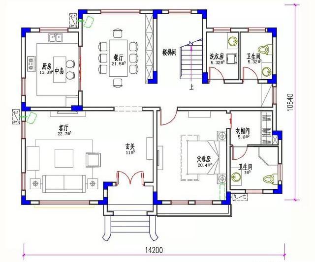 14×11米3廳5臥歐式田園三層農(nóng)村自建房，造價40萬，帶挑空客廳。