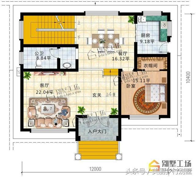 農(nóng)村三層別墅設(shè)計圖，12X10.4m，經(jīng)典三層歐式風(fēng)格，造價30萬帶地下室復(fù)式客廳