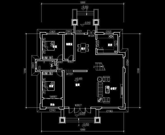 造價40萬3廳7臥開間進深13.5×12.1帶堂屋復式三層別墅設計圖