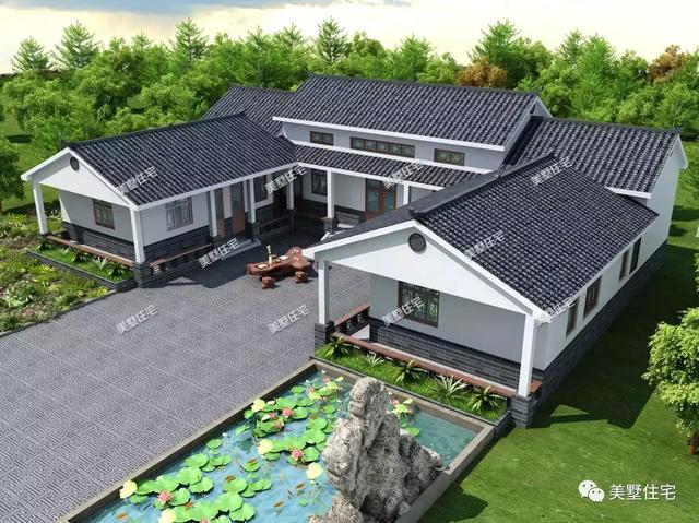 一款新中式風(fēng)格三合院設(shè)計(jì)圖，帶堂屋和土灶，中國(guó)人住有中國(guó)味的別墅