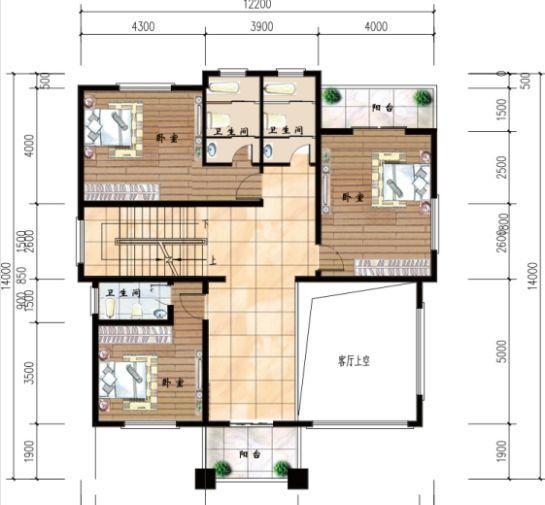 50萬(wàn)12×14米3廳8臥帶落地窗三層農(nóng)村別墅戶型設(shè)計(jì)圖，外觀色調(diào)搭配清新明亮