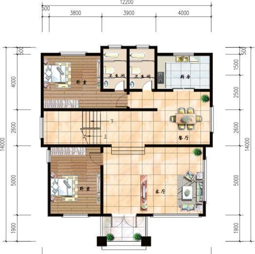 50萬(wàn)12×14米3廳8臥帶落地窗三層農(nóng)村別墅戶型設(shè)計(jì)圖，外觀色調(diào)搭配清新明亮