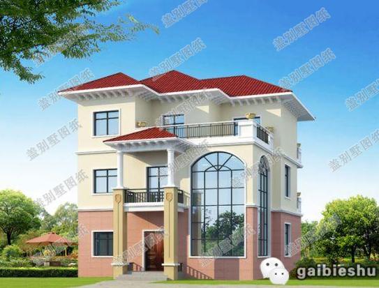 50萬(wàn)12×14米3廳8臥帶落地窗三層農(nóng)村別墅戶型設(shè)計(jì)圖，外觀色調(diào)搭配清新明亮