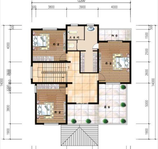 50萬(wàn)12×14米3廳8臥帶落地窗三層農(nóng)村別墅戶型設(shè)計(jì)圖，外觀色調(diào)搭配清新明亮