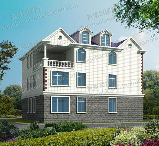 2款奢華三層開(kāi)間面寬約15米農(nóng)村私家別墅施工設(shè)計(jì)圖效果圖，帶有多個(gè)超大落地窗