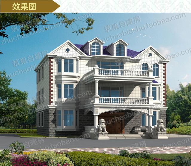 2款奢華三層開(kāi)間面寬約15米農(nóng)村私家別墅施工設(shè)計(jì)圖效果圖，帶有多個(gè)超大落地窗