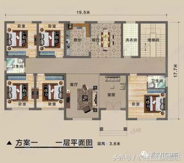 一層農(nóng)村自建別墅圖，帶閣樓和堂屋，5間臥室和4間臥室，給父母養(yǎng)老的最佳選擇