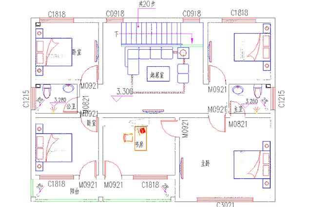 二層中式獨(dú)棟別墅設(shè)計(jì)施工效果圖，25萬(wàn)13×10米3廳5臥帶臥室套間