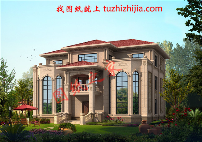 豪華大氣三層農(nóng)村房屋設(shè)計(jì)圖，對稱的主體設(shè)計(jì)大氣恢宏