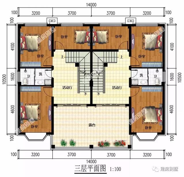 14×10.5米三層雙拼別墅設(shè)計(jì)圖，平屋頂+飄窗，主體50萬