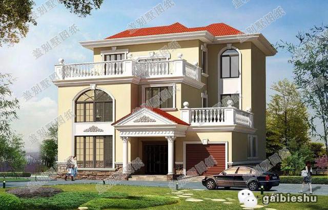 三層農(nóng)村自建帶堂屋車庫(kù)別墅設(shè)計(jì)圖，二三層露臺(tái)高低錯(cuò)落富有參差感，而且有超大的落地窗哦