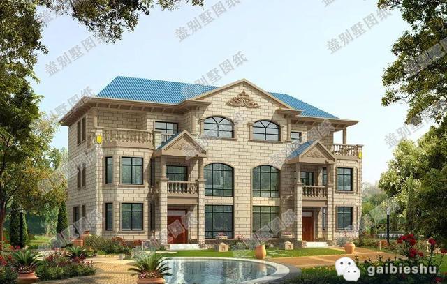 21×13米80萬(wàn)帶堂屋三層雙拼別墅設(shè)計(jì)圖，米黃色墻體與藍(lán)色屋頂搭配清新奪目，讓人感覺(jué)溫馨又不失大氣