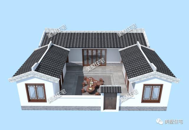 13米開(kāi)間的一層中式四合院設(shè)計(jì)圖，外觀沿襲了中國(guó)古典建筑的白墻灰瓦，清新而淡雅