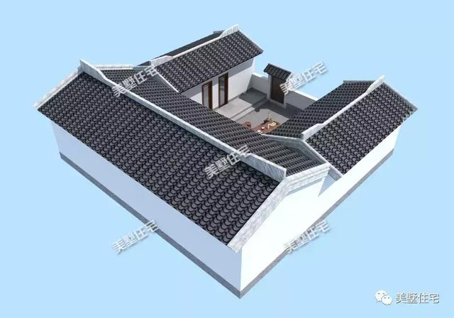 13米開(kāi)間的一層中式四合院設(shè)計(jì)圖，外觀沿襲了中國(guó)古典建筑的白墻灰瓦，清新而淡雅