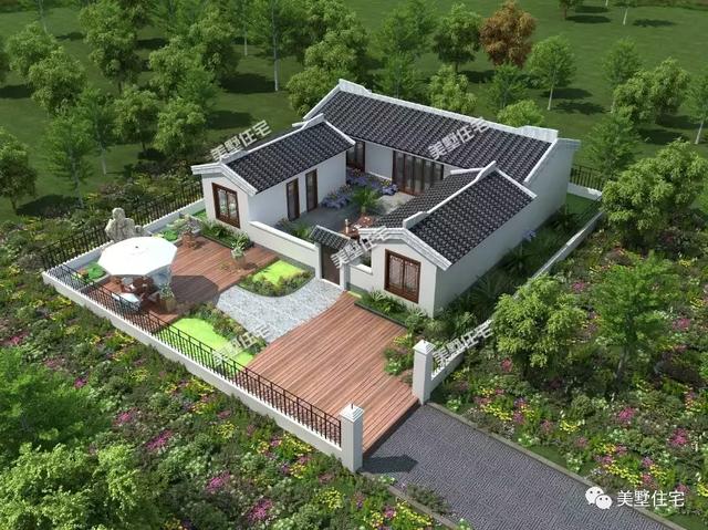 13米開(kāi)間的一層中式四合院設(shè)計(jì)圖，外觀沿襲了中國(guó)古典建筑的白墻灰瓦，清新而淡雅