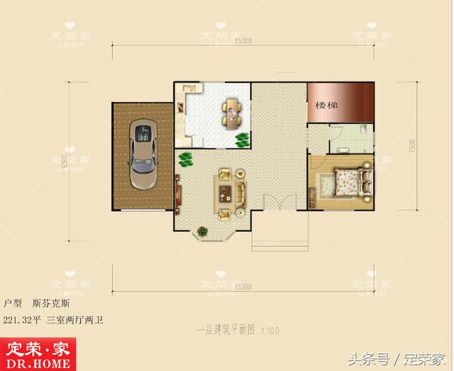 帶車庫雙層實用別墅戶型圖，造型莊重但又不失活潑，整體給人以大氣之感