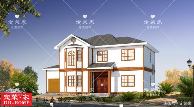 帶車庫雙層實用別墅戶型圖，造型莊重但又不失活潑，整體給人以大氣之感