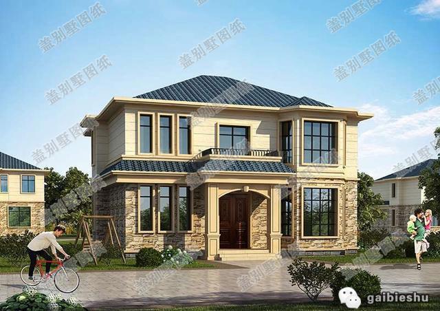 二層帶挑空客廳農(nóng)村自建房設(shè)計圖，外觀屬于田園風(fēng)格，設(shè)有門廳，客廳中空設(shè)計