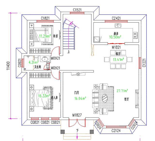 二層帶挑空客廳農(nóng)村自建房設(shè)計圖，外觀屬于田園風(fēng)格，設(shè)有門廳，客廳中空設(shè)計