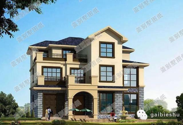 三層15×12米框架結(jié)構(gòu)農(nóng)村房屋設(shè)計效果圖，二三層均設(shè)有大露臺