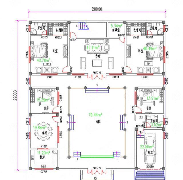 20×22米二層四合院中式別墅設(shè)計圖，設(shè)置內(nèi)院、圍墻，有主樓和副樓，私密性極高，仿佛與世隔絕，恬靜淡雅
