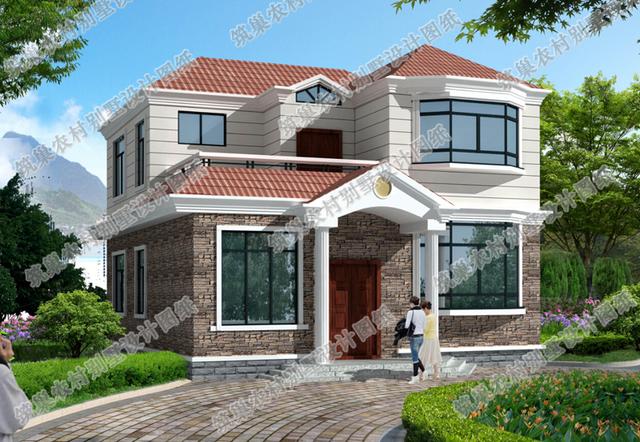 農(nóng)村二層自建房全套施工效果圖25萬11×11米1廳4臥，有飄窗、雙露臺設(shè)計，施工難度低