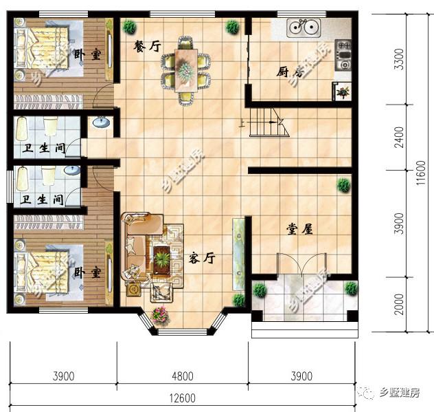 一款二層農村自建別墅設計圖，淡黃色的外觀墻，既不顯庸俗又很好得融入鄉(xiāng)村環(huán)境