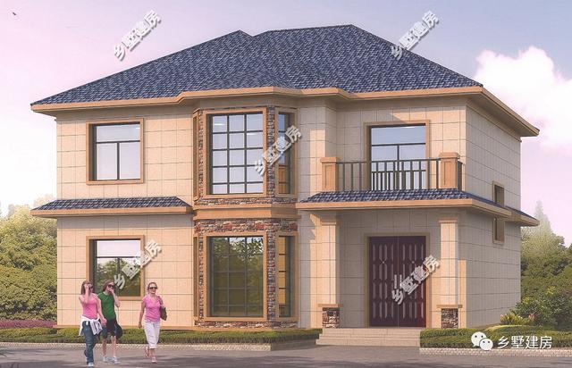 一款二層農村自建別墅設計圖，淡黃色的外觀墻，既不顯庸俗又很好得融入鄉(xiāng)村環(huán)境