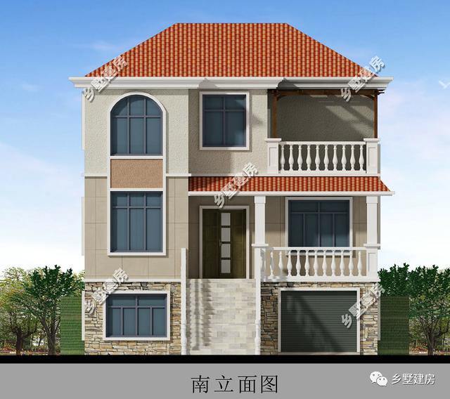 60平大車庫(kù)3層自建簡(jiǎn)歐別墅圖，映入眼簾的是一排階梯直接可以上二樓，非常的大氣，你值得擁有