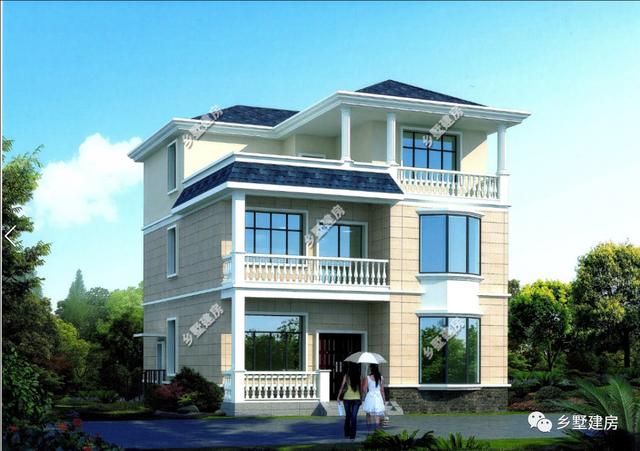 60平大車庫(kù)3層自建簡(jiǎn)歐別墅圖，映入眼簾的是一排階梯直接可以上二樓，非常的大氣，你值得擁有