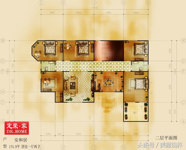 三層的農(nóng)村自建別墅戶型圖，帶車庫(kù)露臺(tái)，除了8個(gè)臥室，還設(shè)有會(huì)客廳、茶室、書房、娛樂室、休閑室等，外觀霸氣，功能齊備完美